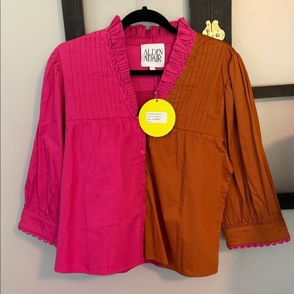 Alden Adair Colorblock Pink & Brown Ruffle Trim Top